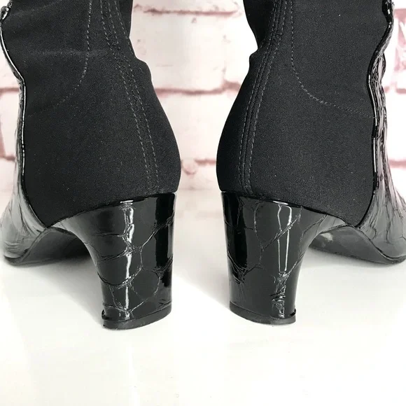 STUART WEITZMAN Croc Embossed 50/50 Ltd Edition Black Patent Leather Heel Boot 4 - Picture 10 of 16
